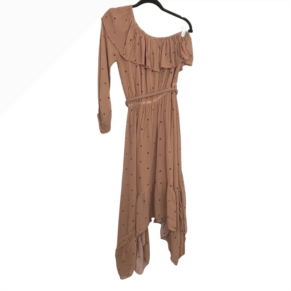 FARM Rio Women's Brown Ruffle One Shoulder Polka Dot Midi Dress Size Small - Picture 8 of 8